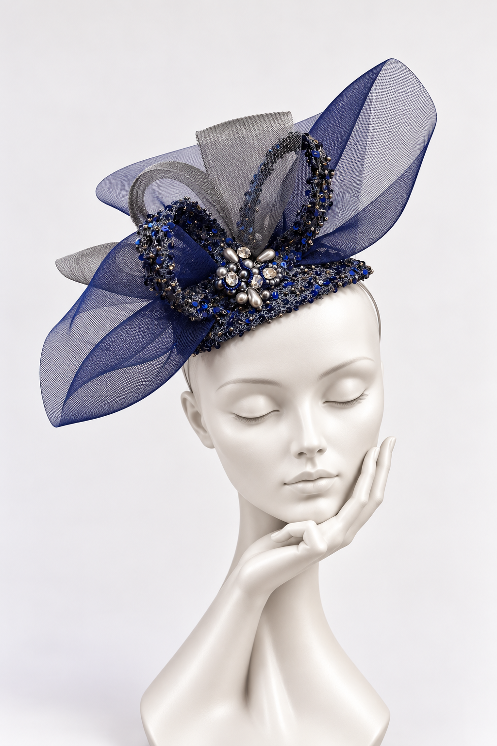 Navy Blue & Pewter Statement Headpiece