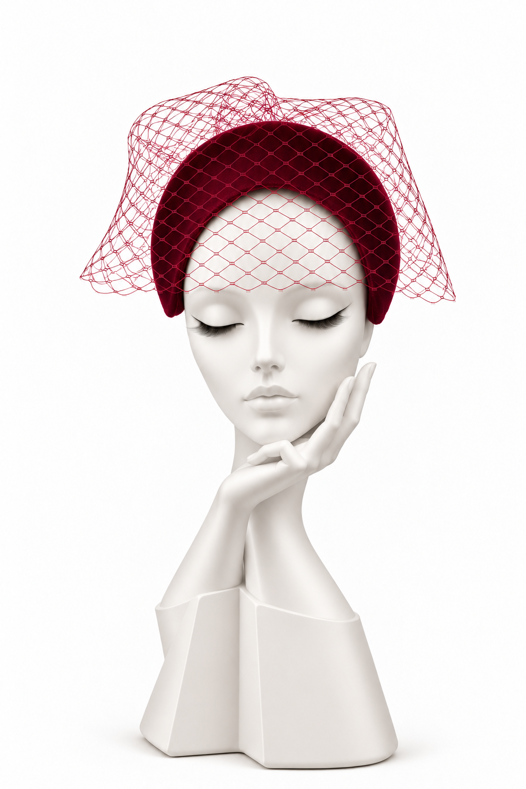 Burgundy Halo with Birdcage Netting - Hat Hire