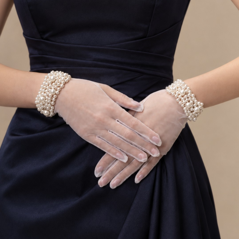 Pearl Cuff Chiffon Gloves