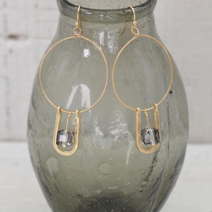 GOLD HOOPS WITH GREY GLASS BEAD