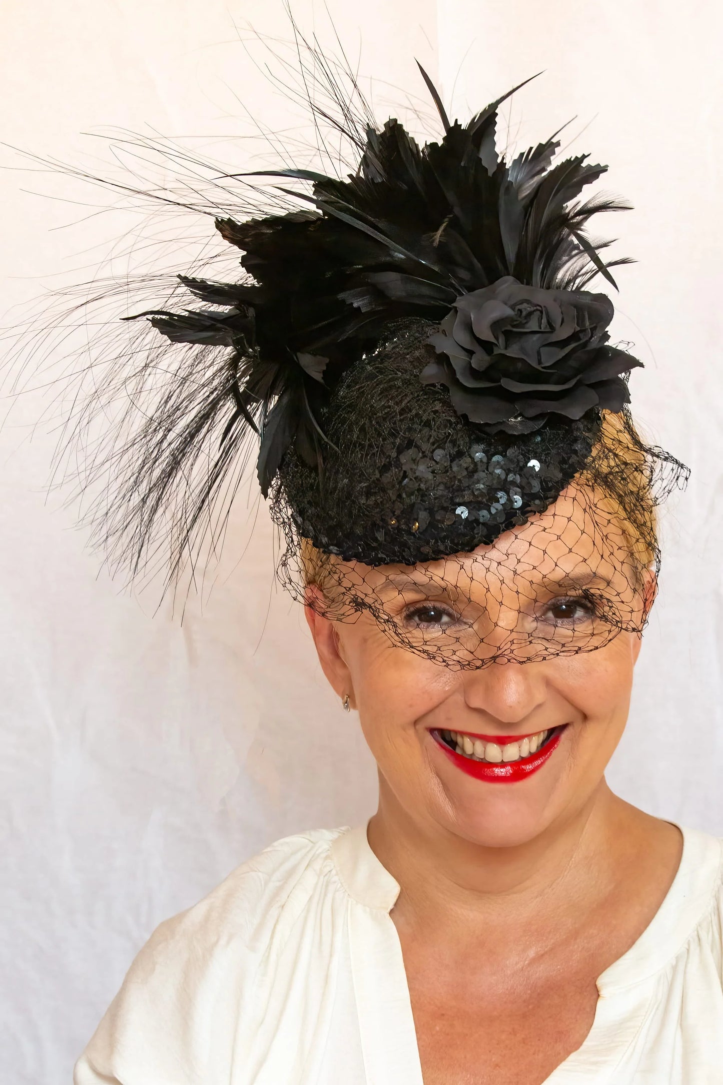Black Sequin, Feather and Netting Headpiece