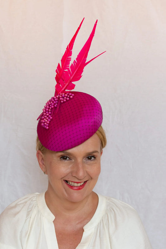 Statement Magenta Headpiece with Beading & Large Feathers