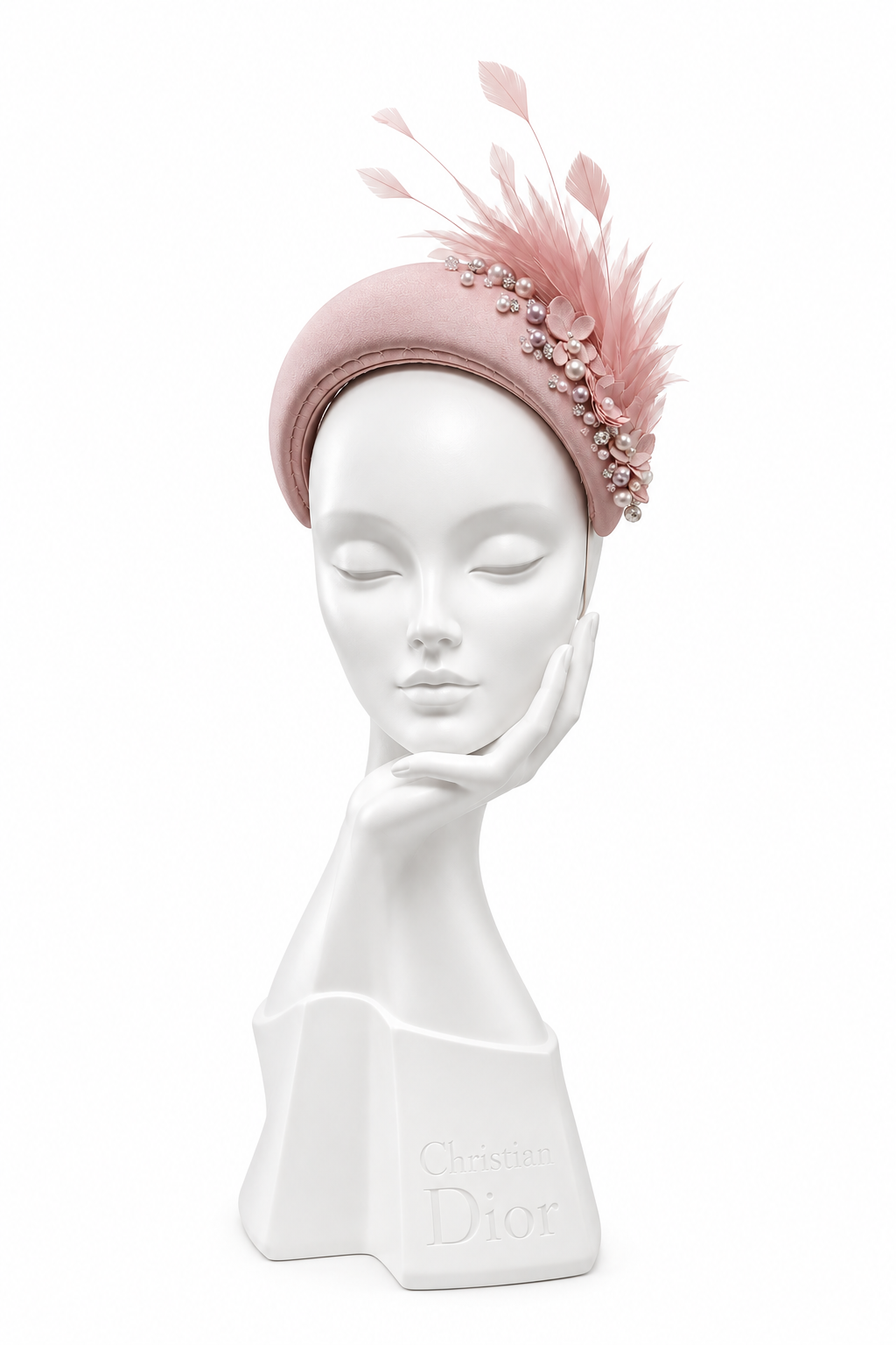 Deep Dusky Pink Bandeau Hairband with feather, pearl and diamonté detail