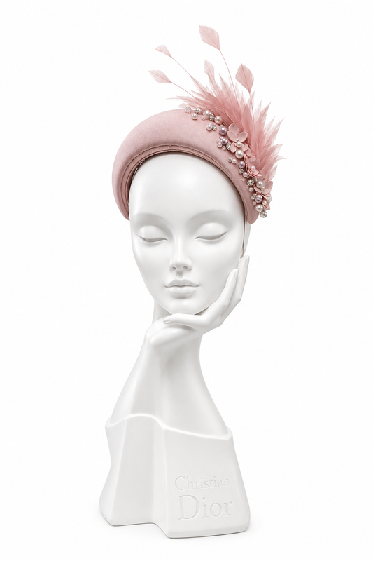 Deep Dusky Pink Bandeau Hairband with feather, pearl and diamonté detail