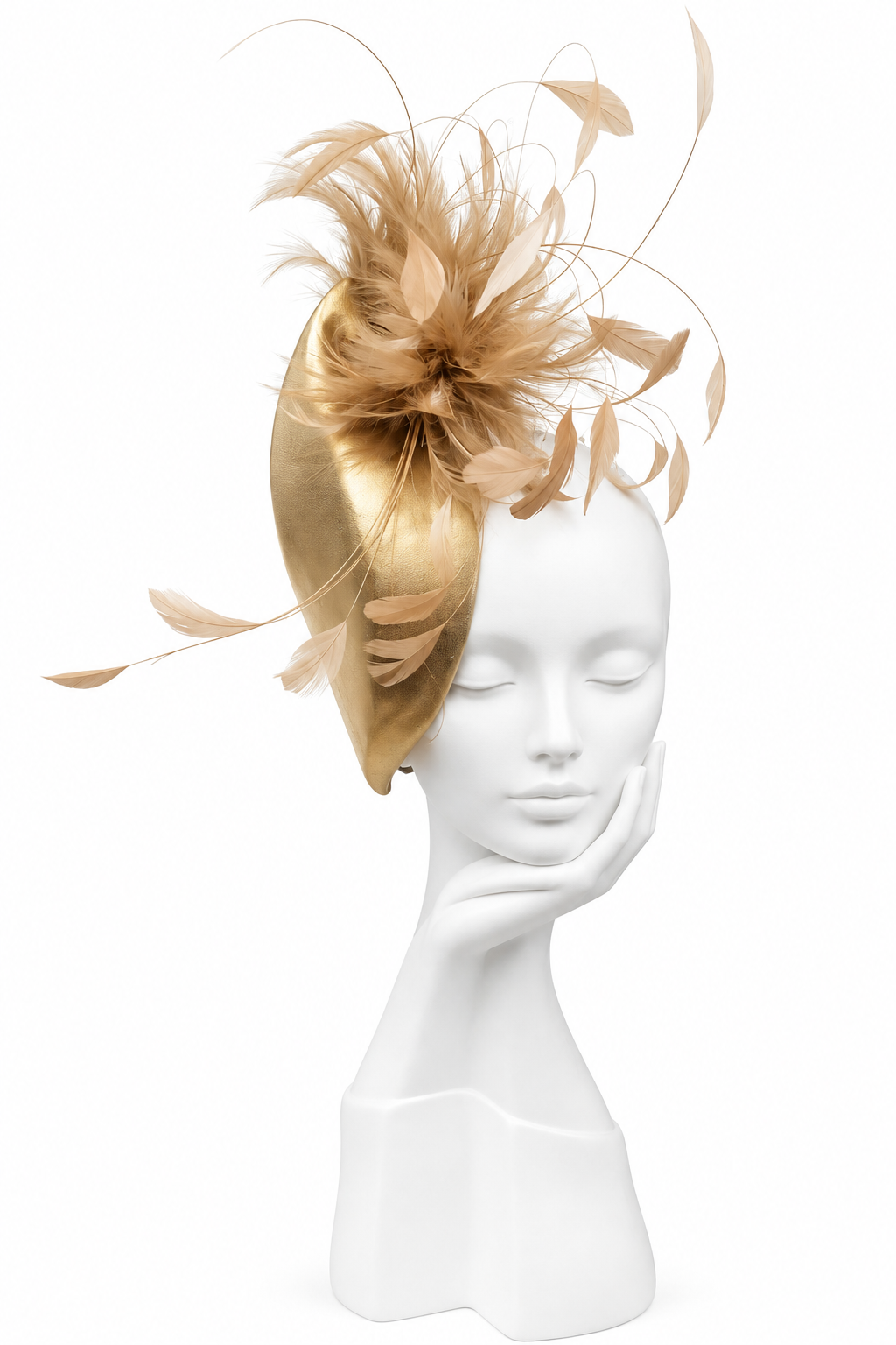 Gold Leather Side Teardrop with Camel Feather Mount